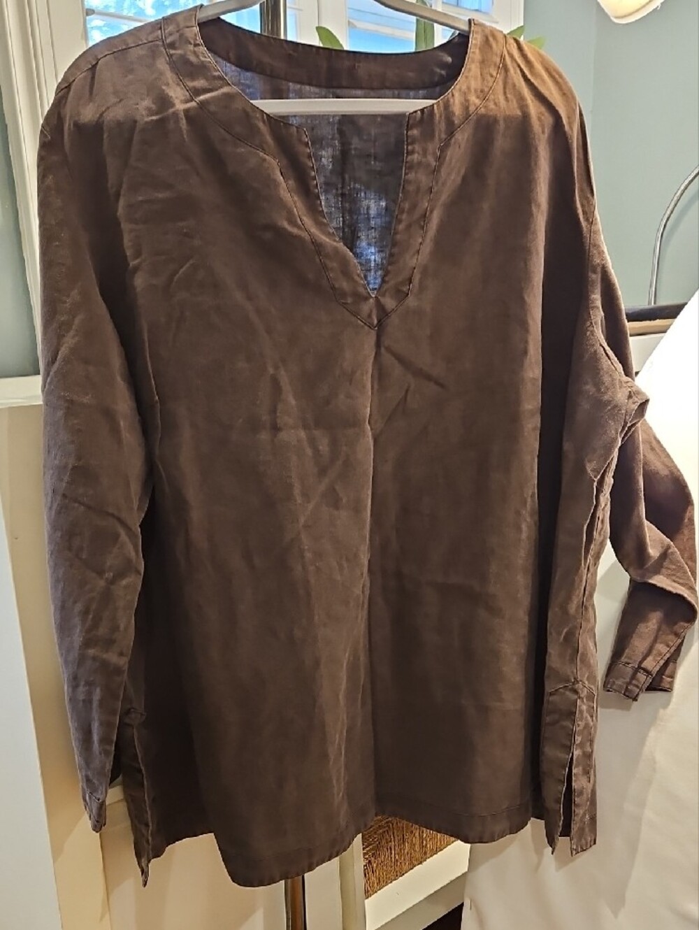 Linen Relaxed Brown Plus Size V-Neck Tunic Top0040